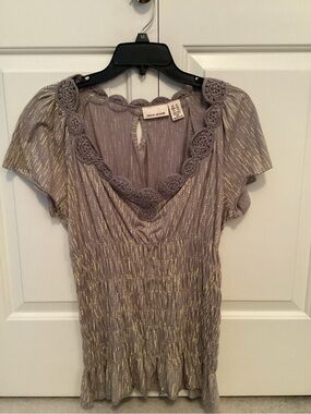 DKNY Light Gray Top with Gold Metallic Accents and Crochet Trim